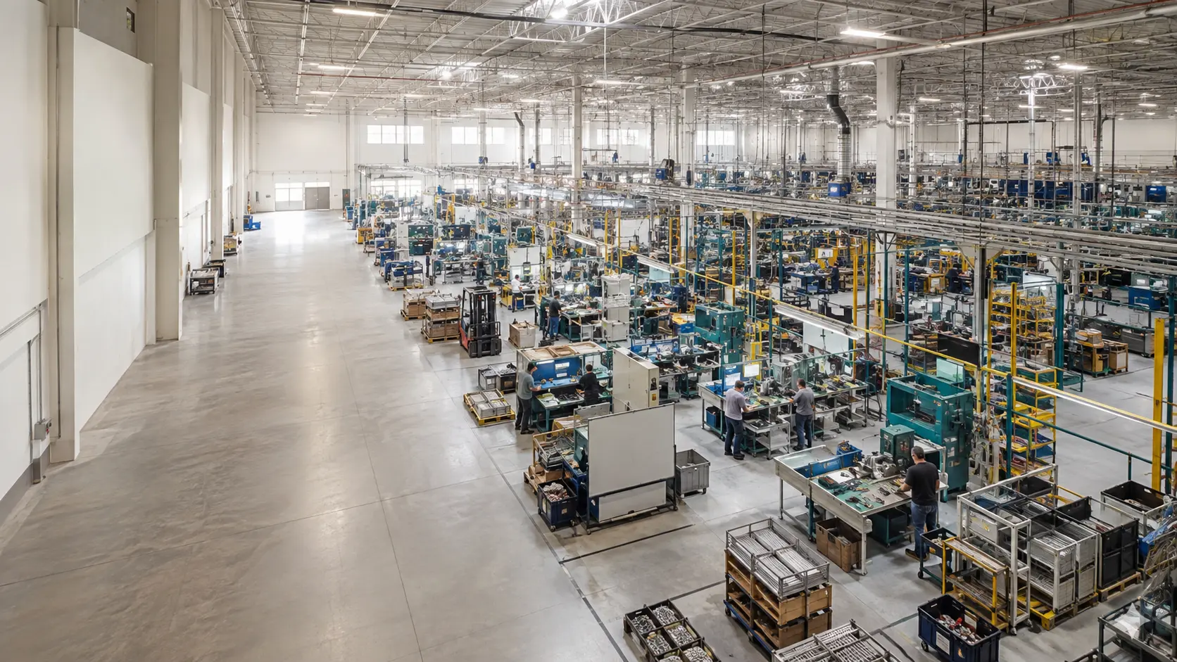 Editorial photograph of people working across a busy manufacturing floor