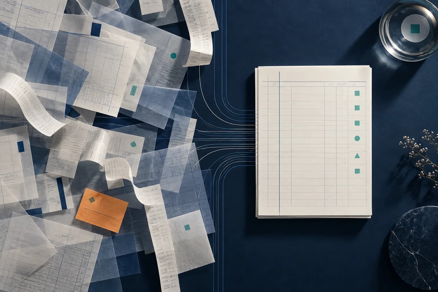 Abstract editorial composition of scattered financial records resolving into one verified ledger