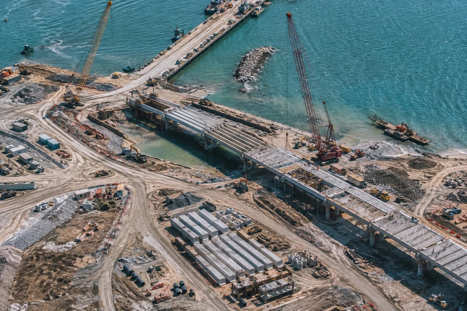 Aerial editorial photograph of a coastal bridge project connecting cranes, material yards, temporary roads, and work zones