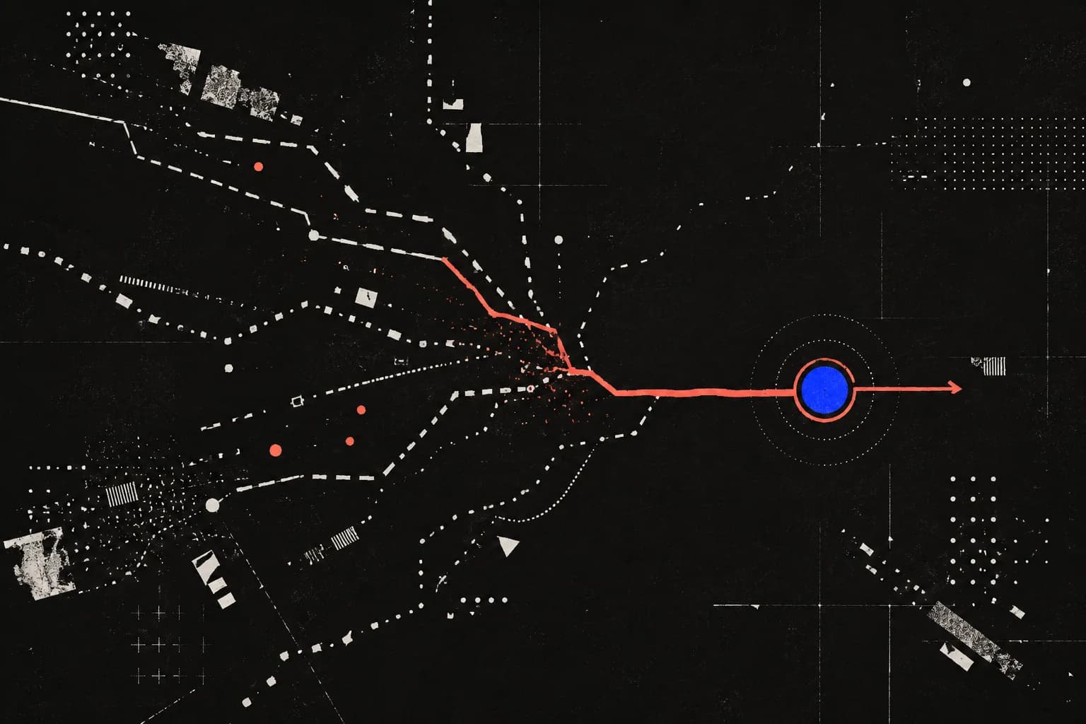Abstract screenprinted composition of fragmented signals resolving into one coral path and blue decision point